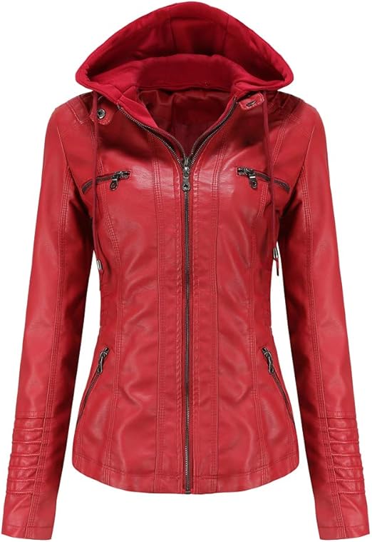 Women's Red Zephyr Removable Hood Leather Jacket