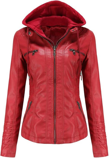 Women's Red Zephyr Removable Hood Leather Jacket