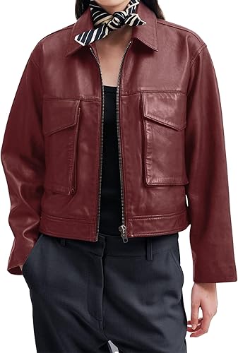 Women's Wine Red Cropped Bomber Leather Jacket