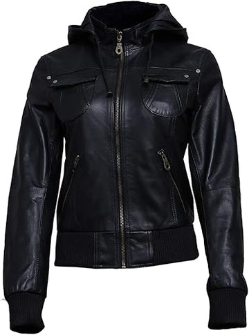 Women's Black Ember Hooded Leather Jacket