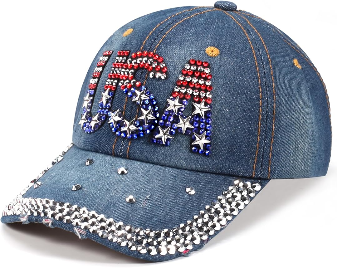 American Flag Engraved Rhinestone Cap