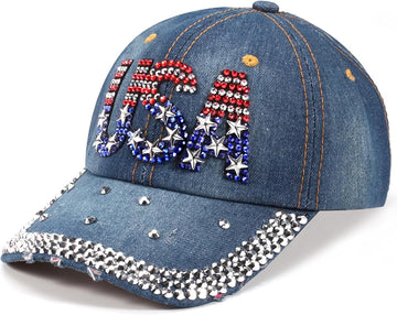 American Flag Engraved Rhinestone Cap